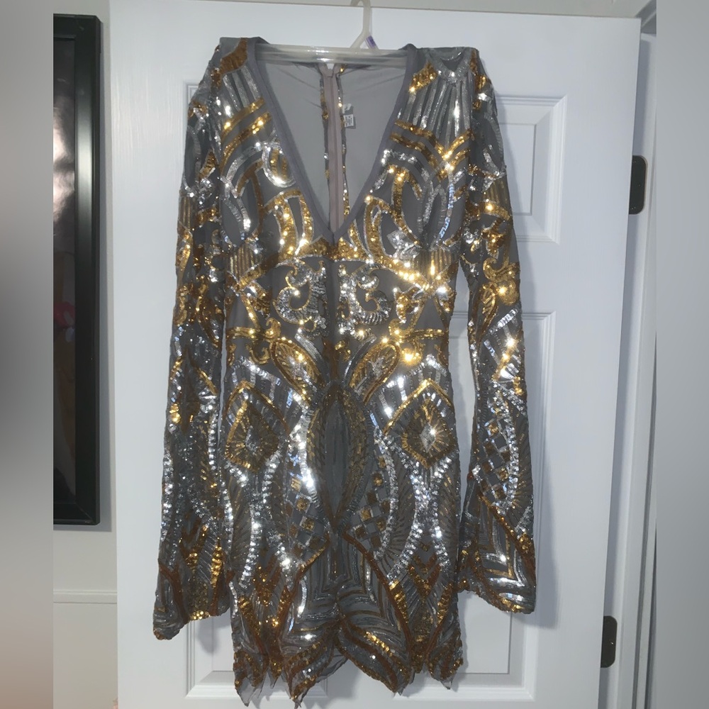 Elegant Silver and Gold Long Sleeve Dress